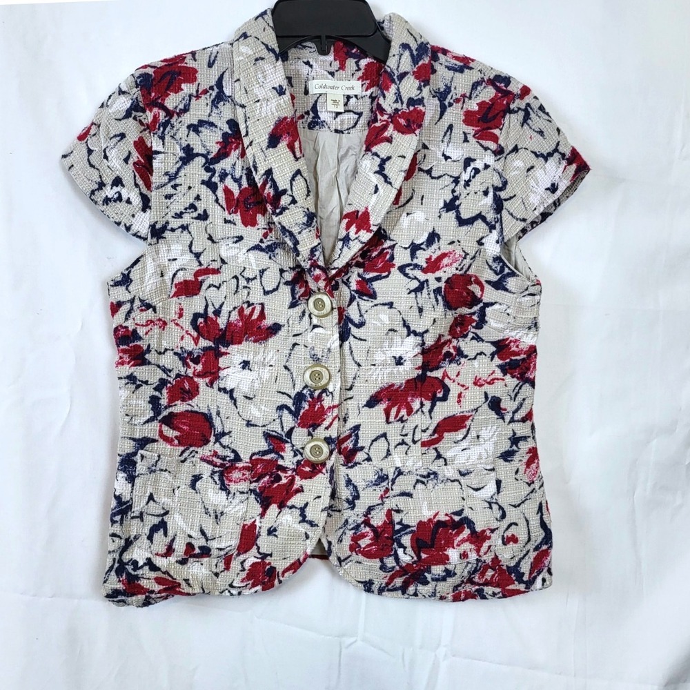 Coldwater Creek Women Ivory Red Blue Floral Cap Sleeve Tapestry Jacket 12 Career